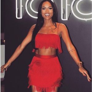 MESHKI Red Sophia Fringe Two-piece Skirt & Crop